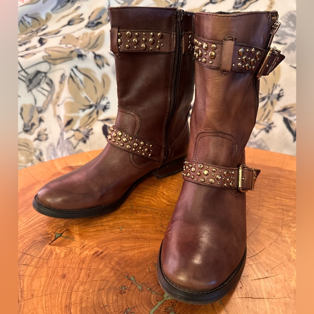 Arturo Chiang Moto-Style Riveted Strappy Brown Leather Booties